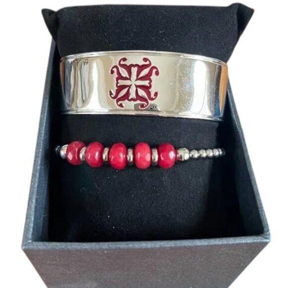 GIFT BOXED Rustic Cuff Silver and Carnelian Set of Two Bracelets Logo - Picture 1 of 6